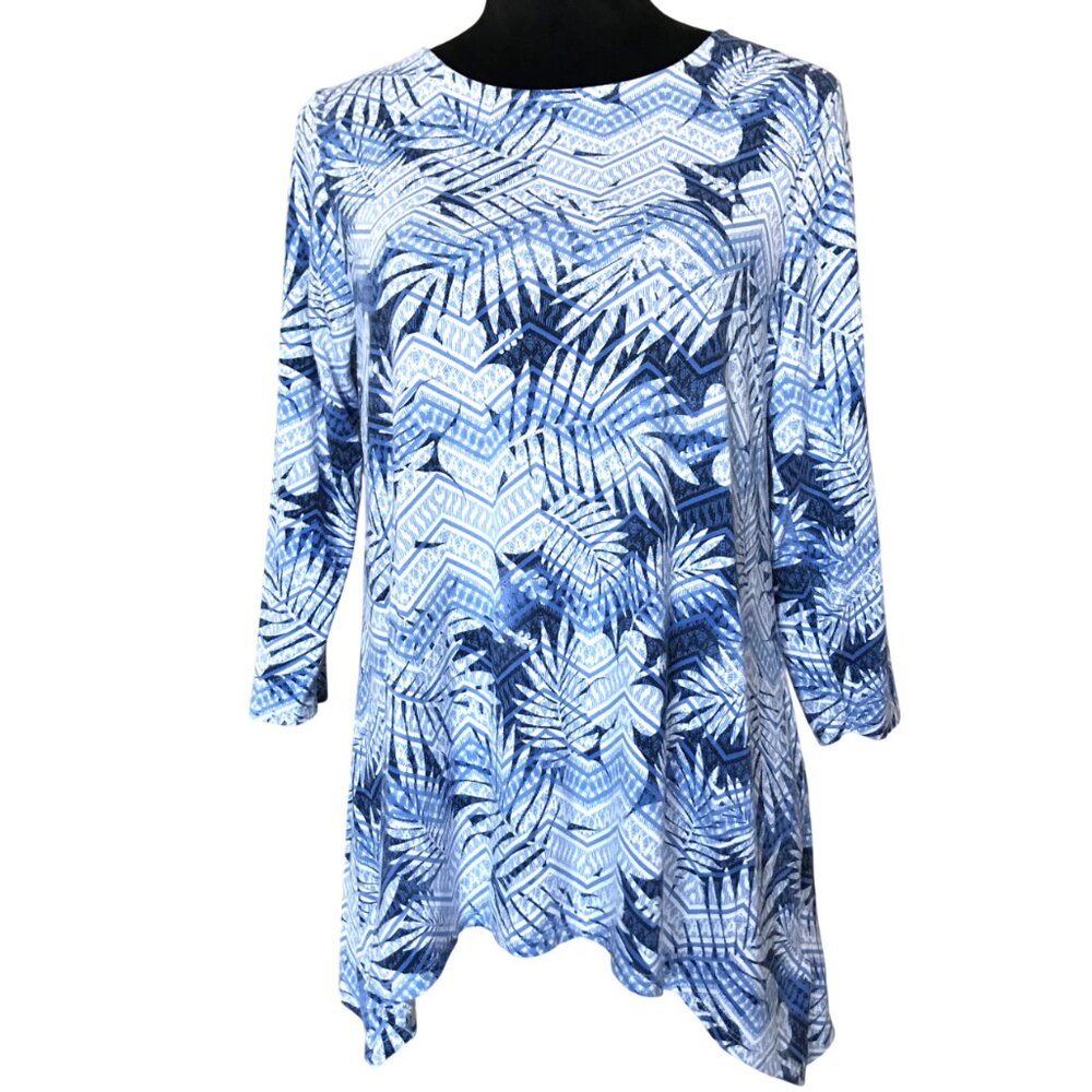 Ruby Rd. Lightweight Tunic Top, 3/4 Sleeves High Low Hem Blue Fern Print Size M